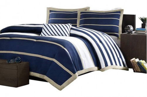 FaFurn™ - Full/Queen Size Comforter Set in Navy Blue White Khaki Stripe