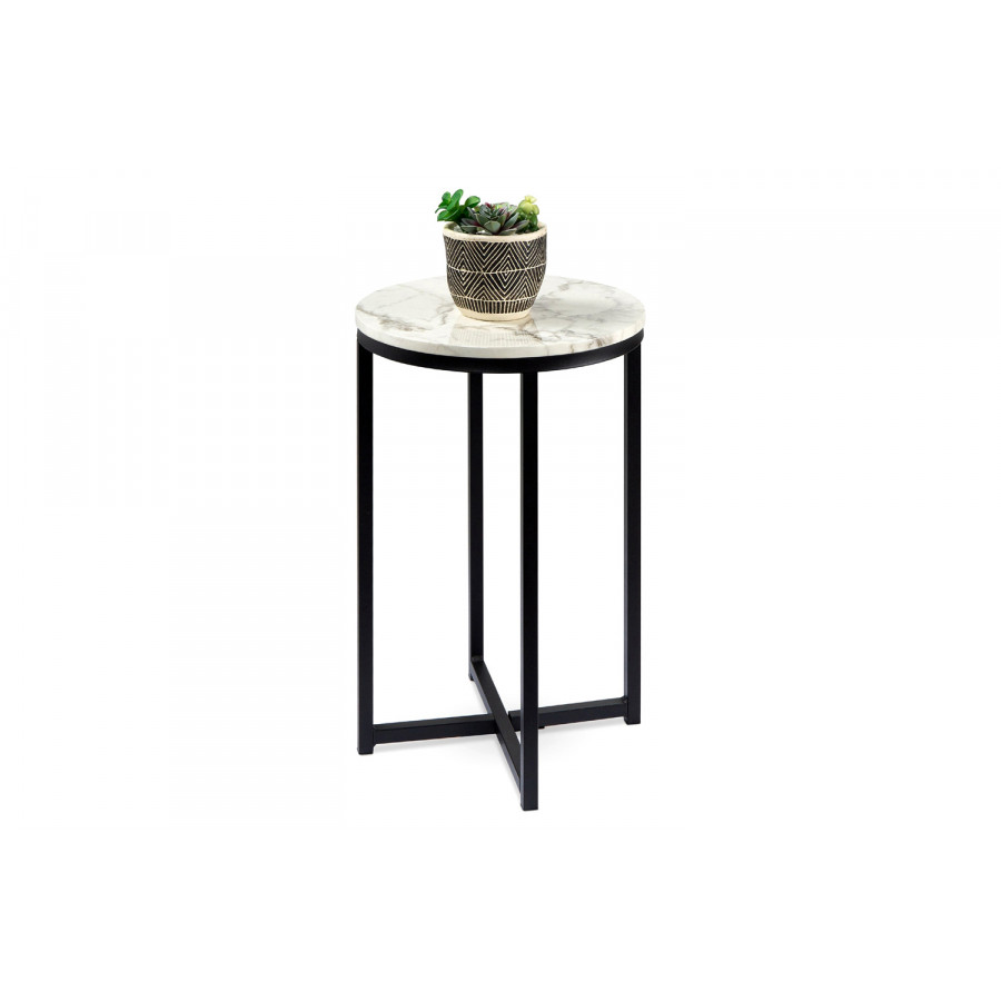 FaFurn Round Cross Leg Design Coffee Side Table Nightstand with Faux Marble Top - White/Matte Black