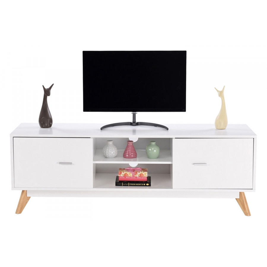 FaFurn - Modern Mid Century Style White TV Stand with Wood Legs
