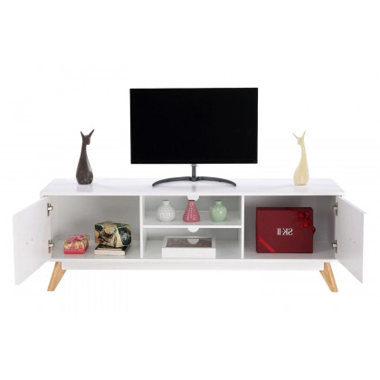 FaFurn - Modern Mid Century Style White TV Stand with Wood Legs