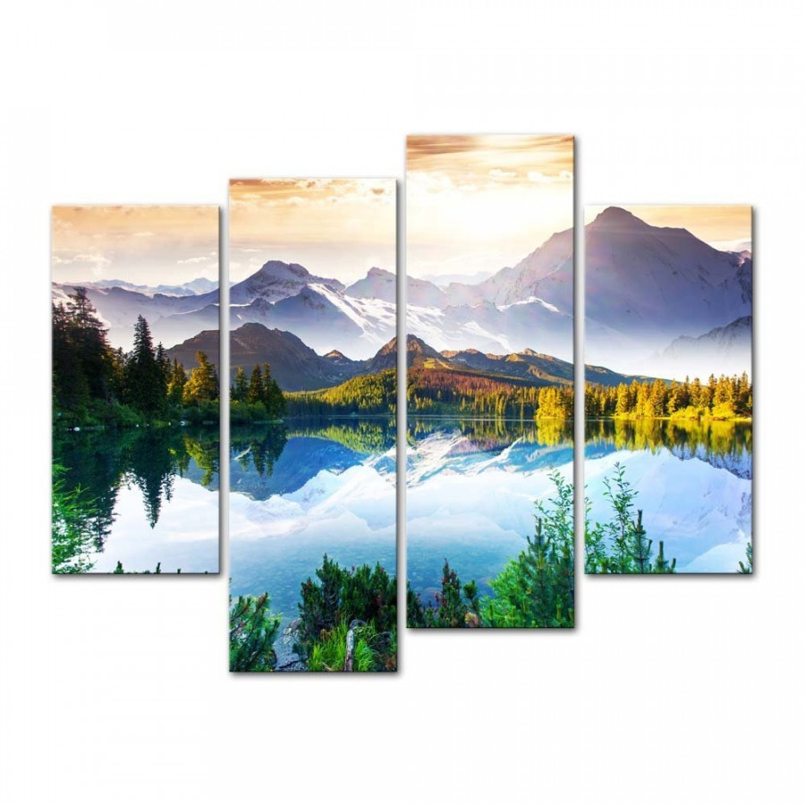 FaFurn - 4-Panel Wall Art Painting Print in Mountain Forest Lake