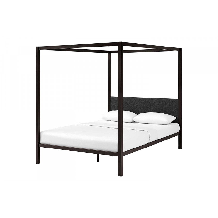 FaFurn Queen Size Metal Canopy Bed Frame with Gray Fabric Upholstered Headboard - Brown