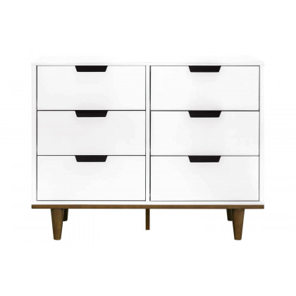FaFurn Modern Mid-Century Style 6-Drawer Double Dresser in Wood Finish - White/Walnut