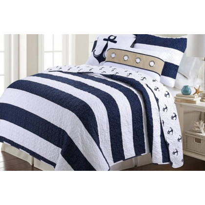 FaFurn - 3 Piece Nautical Stripped/Anchors Reversible Microfiber Quilt Set