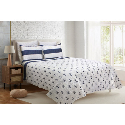 FaFurn 2 Piece Nautical Stripped/Anchors Reversible Microfiber Quilt Set - Navy, Twin Size