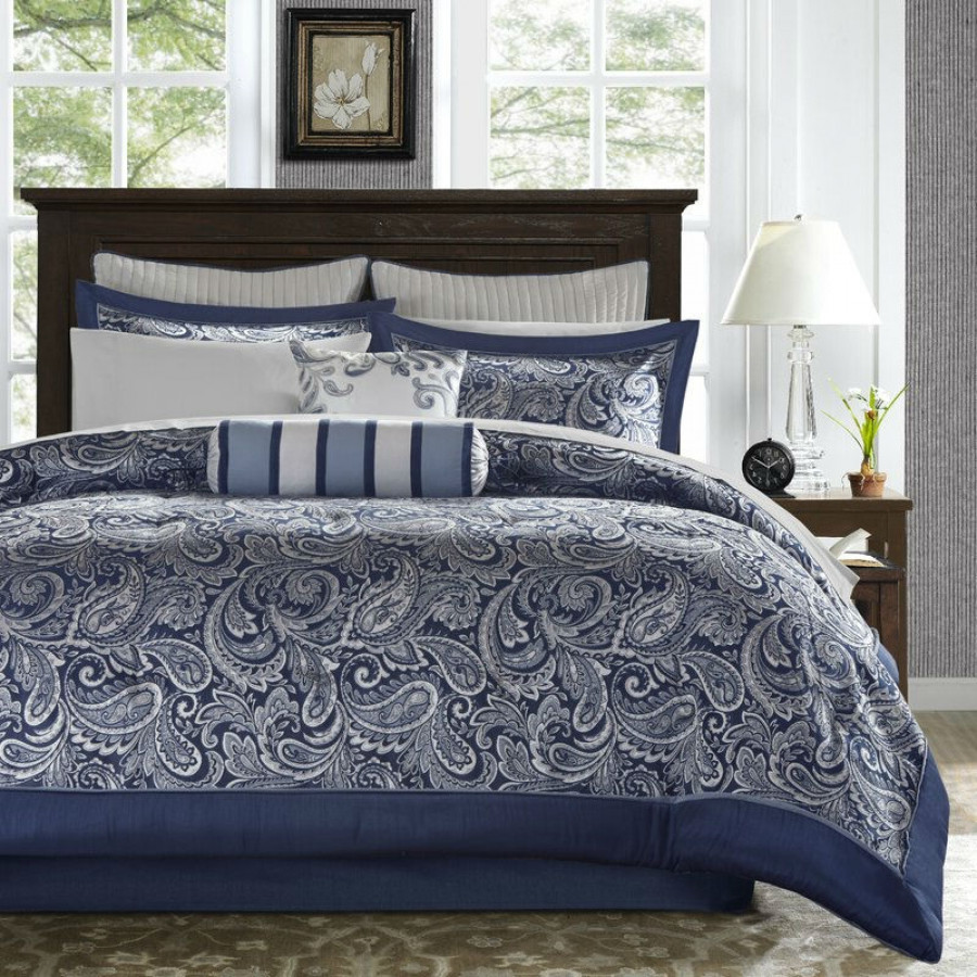 FaFurn 12-Piece King Size Comforter Set - Navy Blue/White