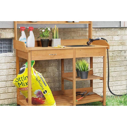 FaFurn - Outdoor Garden Wood Potting Bench Work Table with Sink in Light Wood Finish