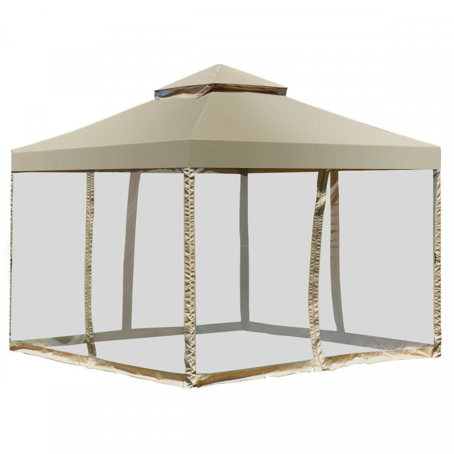 FaFurn - Gazebo with Canopy and Mesh Side Walls in Tan Brown, Metal/Polyester