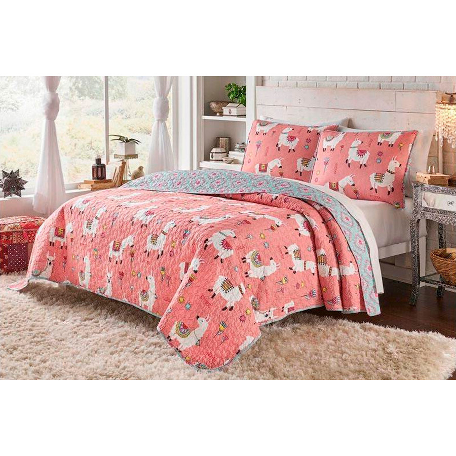 FaFurn Twin/Twin XL Size 2-Piece Reversible Floral Quilt Set - Pink/Blue, Cotton