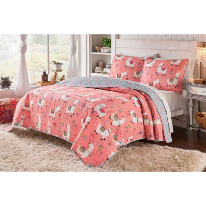FaFurn Twin/Twin XL Size 2-Piece Reversible Floral Quilt Set - Pink/Blue, Cotton