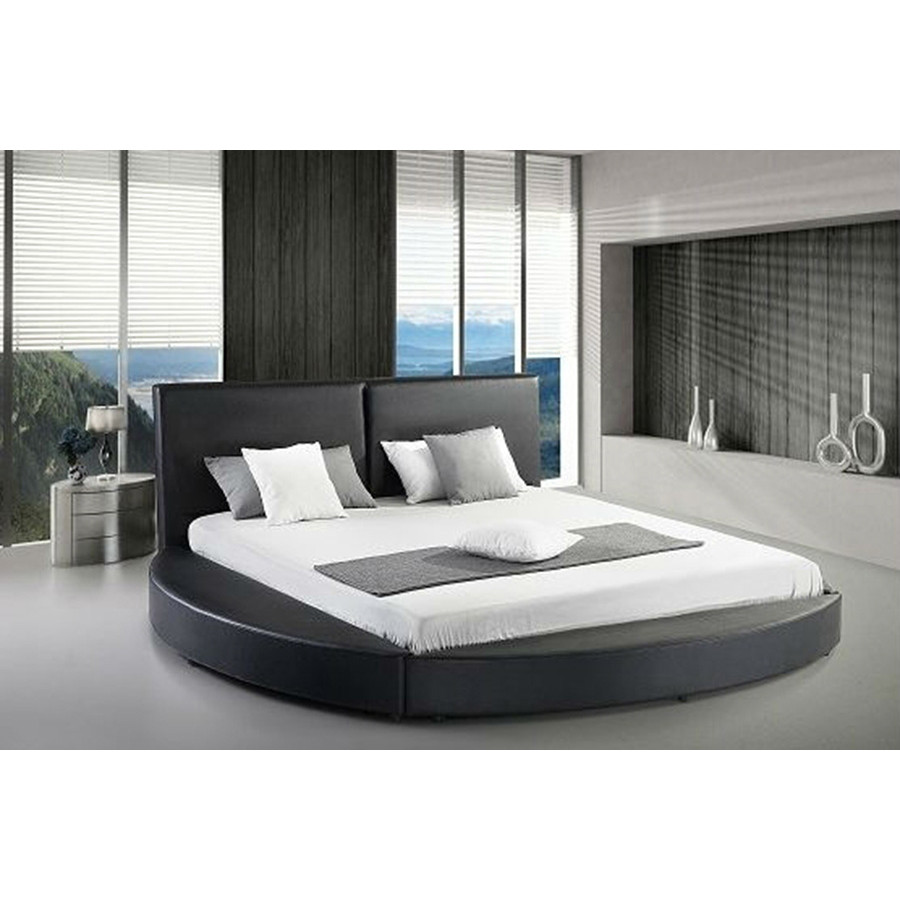 FaFurn - Queen Size Modern Round Platform Bed with Headboard in Black Faux Leather