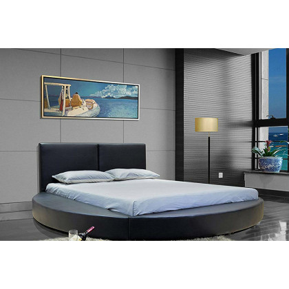 FaFurn - Queen Size Modern Round Platform Bed with Headboard in Black Faux Leather