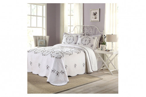FaFurn™ - Queen Size Cotton Bedspread with Scalloped Edges and Floral Print Embroidery in White