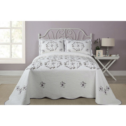 FaFurn - Queen Size Cotton Bedspread with Scalloped Edges and Floral Print Embroidery in White