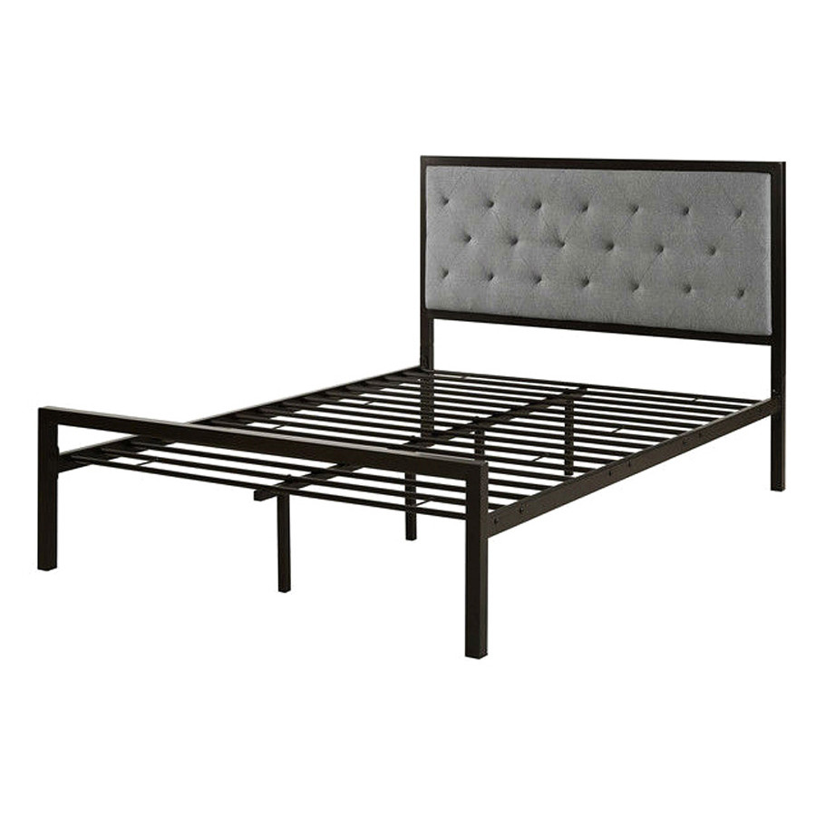 FaFurn - Queen Size Contemporary Metal Platform Bed with Gray Upholstered Headboard