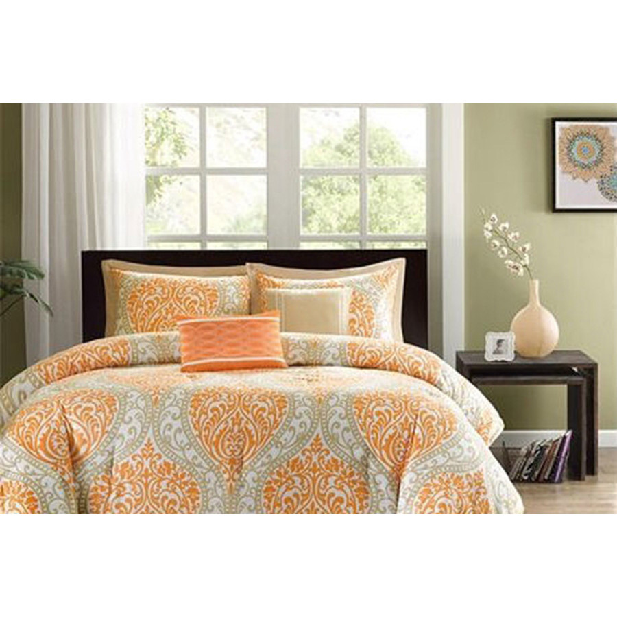 FaFurn Comforter Set in Damask Print - Orange, Queen Size