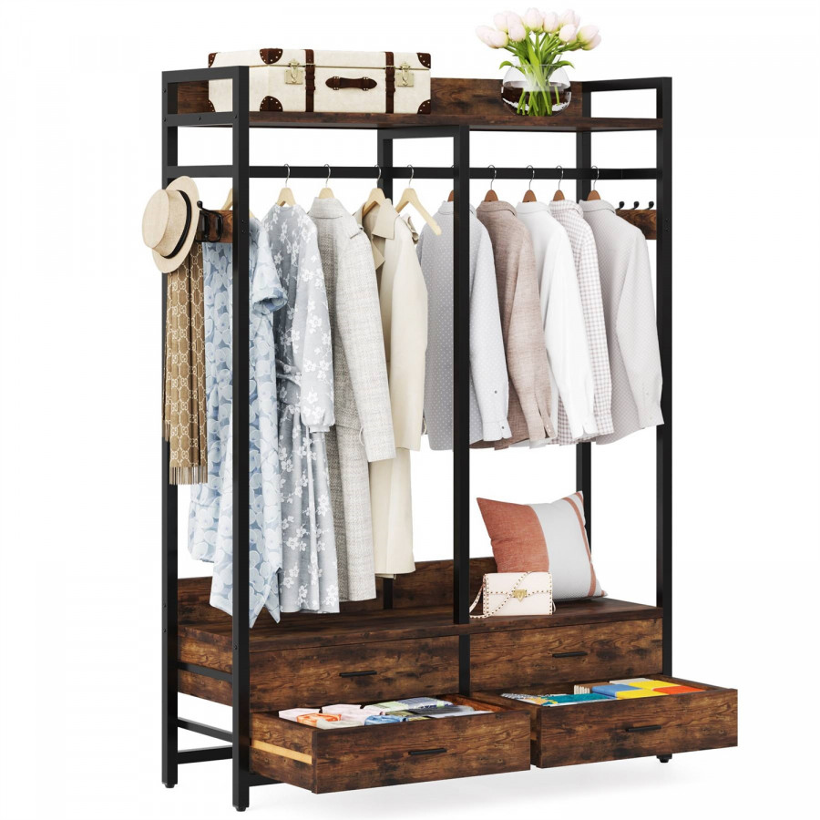 FaFurn Garment Rack Clothes with 4 Storage Drawers - Brown, Metal