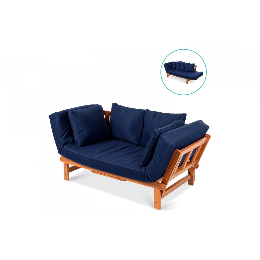 FaFurn - Navy Blue Outdoor Acacia Wood Convertible Sofa Futon with 4 Removable Pillows