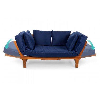 FaFurn - Navy Blue Outdoor Acacia Wood Convertible Sofa Futon with 4 Removable Pillows