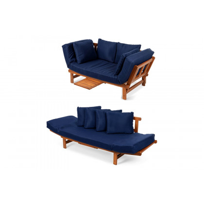 FaFurn - Navy Blue Outdoor Acacia Wood Convertible Sofa Futon with 4 Removable Pillows