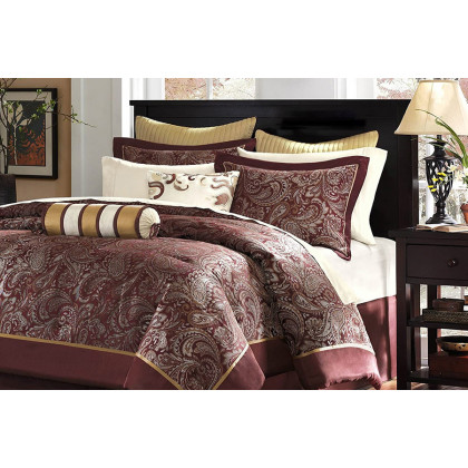 FaFurn 12 Piece Cotton Polyester Comforter Set - Red/Gold, King Size