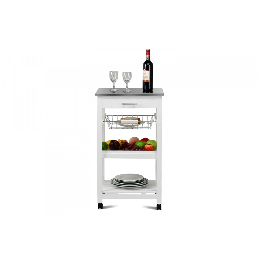 FaFurn - White Kitchen Cart with Storage Drawer and Stainless Steel Top