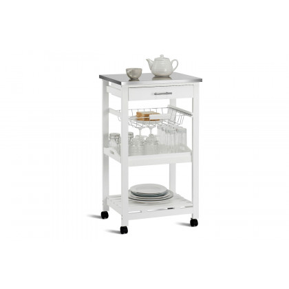 FaFurn - White Kitchen Cart with Storage Drawer and Stainless Steel Top