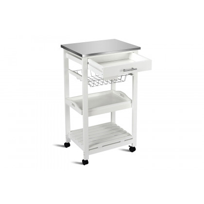 FaFurn - White Kitchen Cart with Storage Drawer and Stainless Steel Top