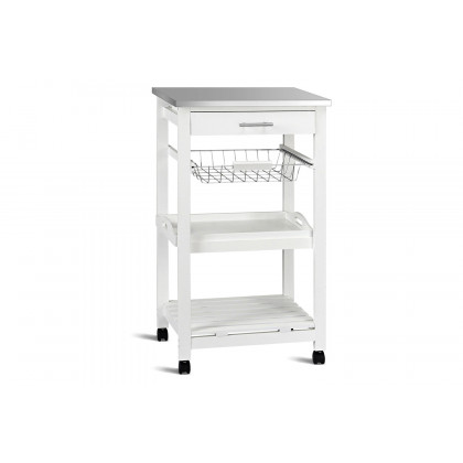 FaFurn - White Kitchen Cart with Storage Drawer and Stainless Steel Top