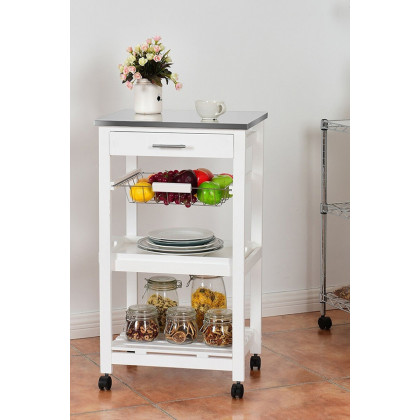 FaFurn - White Kitchen Cart with Storage Drawer and Stainless Steel Top