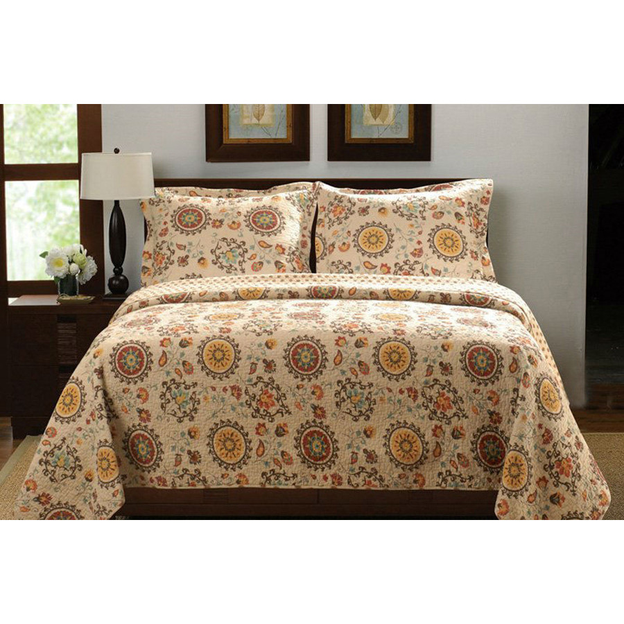FaFurn - Retro Moon Shaped Floral Medallion Reversible 3 Piece Quilt Set