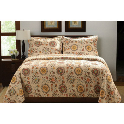 FaFurn Retro Moon Shaped Floral Medallion Reversible 3 Piece Quilt Set - Full/Queen Size
