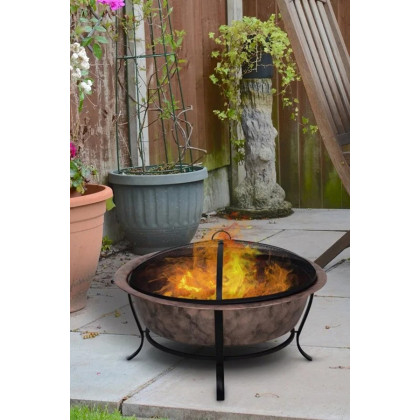 FaFurn - Rustic Outdoor Wood Burning Fire Pit Cauldron Style Steel Bowl with Log Poker and Mesh Screen Lid