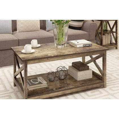 FaFurn Contemporary 2-Tier Farmhouse Coffee Table - Rustic