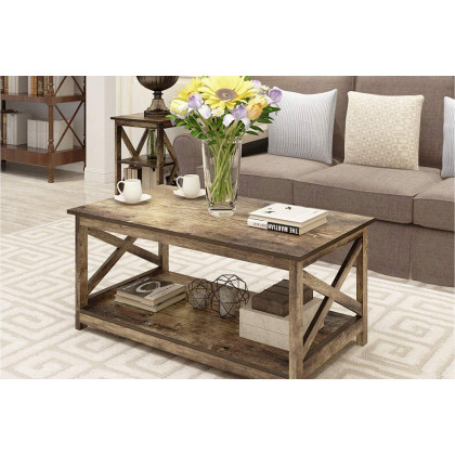 FaFurn Contemporary 2-Tier Farmhouse Coffee Table - Rustic