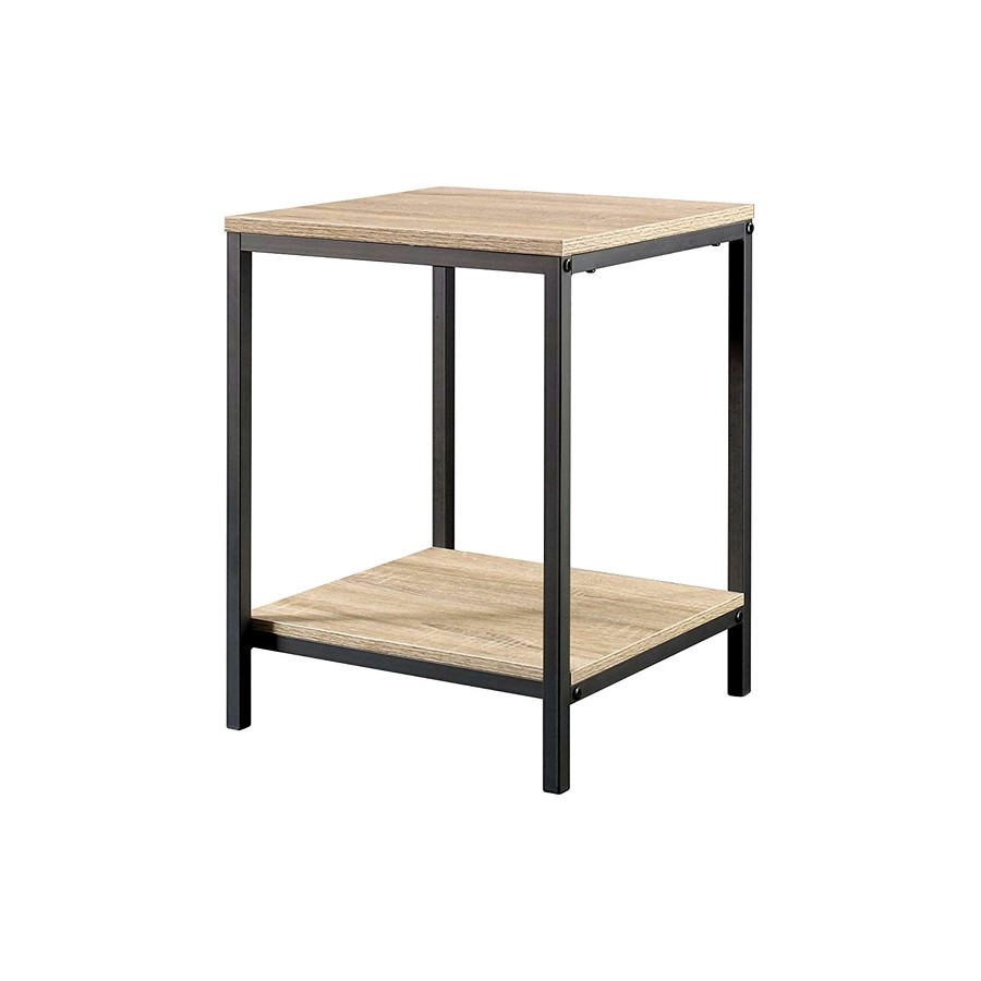 FaFurn - Modern Black Metal Frame End Table with Oak Finish Wood Top and Bottom Shelf