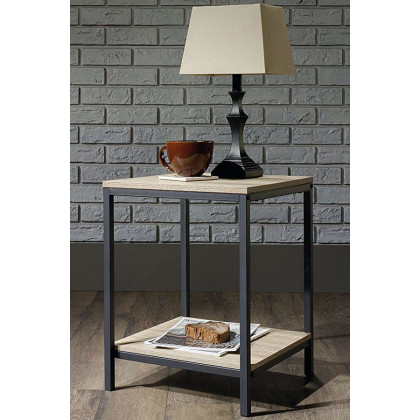 FaFurn - Modern Black Metal Frame End Table with Oak Finish Wood Top and Bottom Shelf