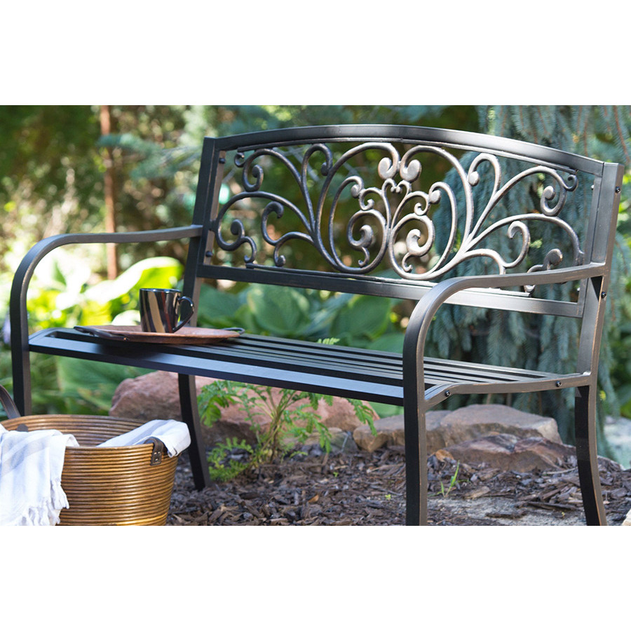 FaFurn - Curved Metal Garden Bench with Heart Pattern in Black Antique Bronze Finish