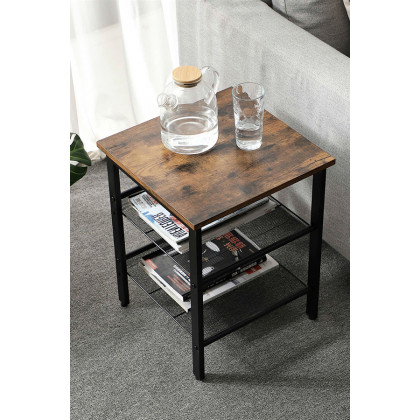 FaFurn - Side Table Nightstand with Medium Wood Finish Top and Mesh Shelves (Set of 2)