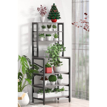FaFurn Modern Metal Wood Kitchen Baker'S Rack Shelf Microwave Stand - Gray