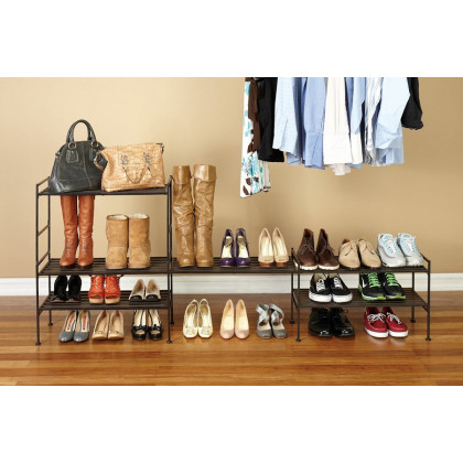 FaFurn - 2-Tier Slatted Resin Stackable Folding Shoe Rack in Mocha Finish