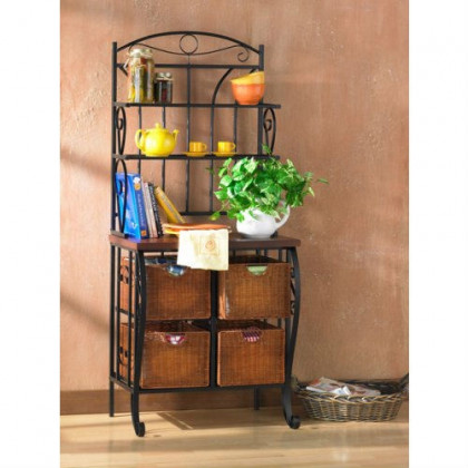 FaFurn - Bakers Rack with 4 Wicker Drawers in Metal/Wood