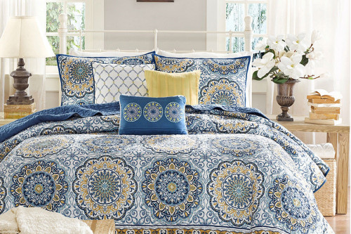 FaFurn™ - Queen Size 6-Piece Coverlet Quilt Set in Blue Floral Pattern