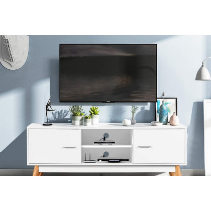 FaFurn - Modern 55-Inch Solid Wood TV Stand in White Finish and Mid-Century Legs