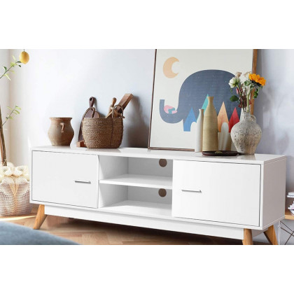 FaFurn - Modern 55-Inch Solid Wood TV Stand in White Finish and Mid-Century Legs