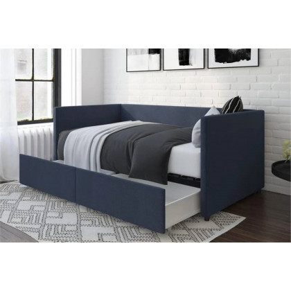 FaFurn - Navy Blue Linen Upholstered Daybed with Pull-Out Storage Drawers