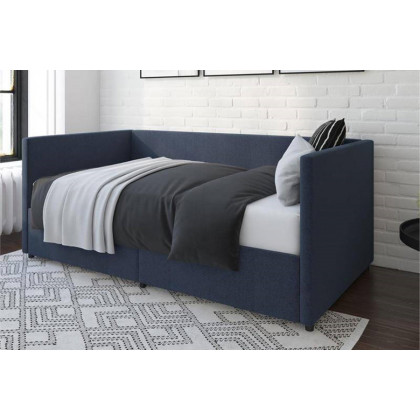 FaFurn - Navy Blue Linen Upholstered Daybed with Pull-Out Storage Drawers
