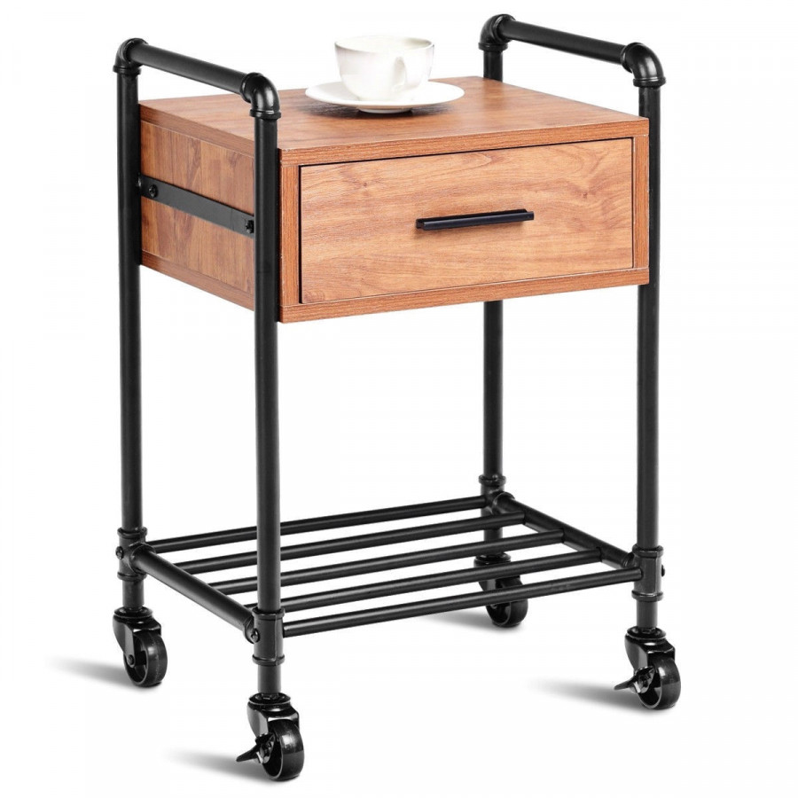 FaFurn - 1-Drawer Nightstand in Black/Walnut, Steel/Wood