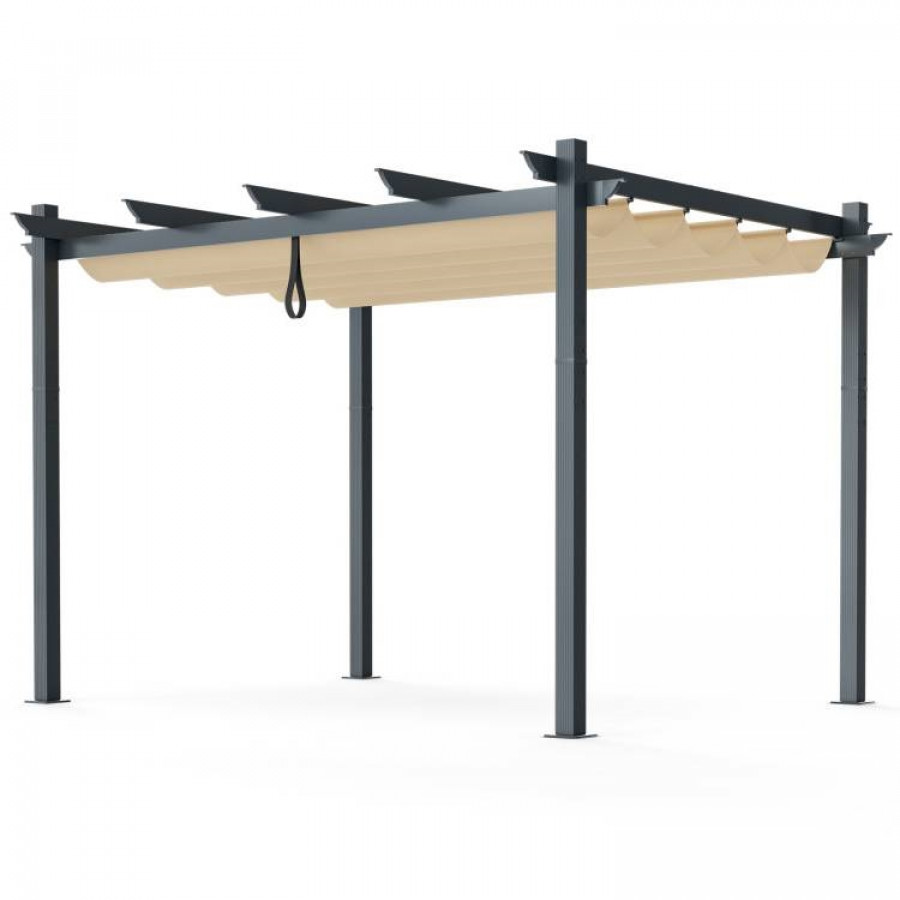 FaFurn - Gazebo with Retractable Canopy in Beige, Metal/Polyester