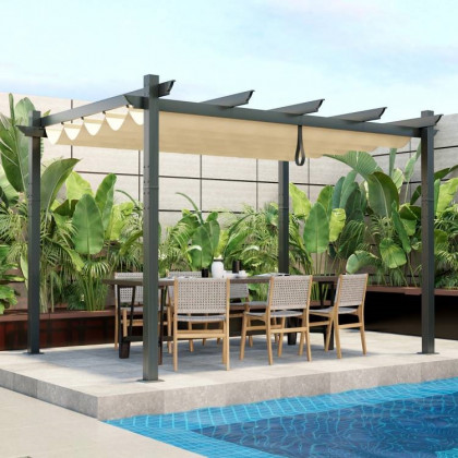 FaFurn - Gazebo with Retractable Canopy in Beige, Metal/Polyester